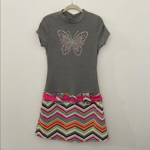 Pink & Violet Gray Retro Butterfly Kids Dress with Multicolor Skirt Size XL